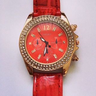 , Togex Armbanduhr,  Damenuhr,  Strass,  Rot,  Damen Uhr,  Quartzuhr,  Analoguhr Bild