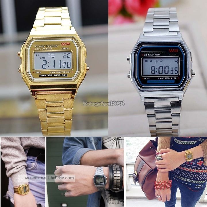 Vintage Damen Herren Gold Sliver Edelstahl - Digital - Stoppuhr Alarm - Uhr Armbanduhren Bild
