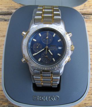 Schöner Seiko Alarm - Chronograph,  Uhr Sports150,  Mit Seikobox,  Zifferblatt Blau,  Top Bild