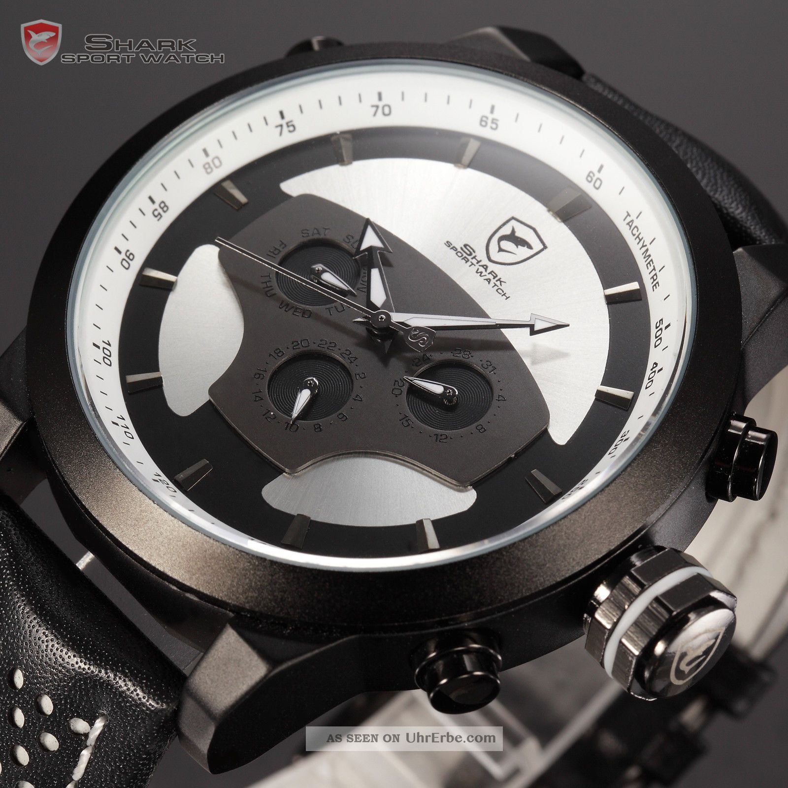 U Shark Herren Quarzuhr Analog Datums Dual Zeitzone Leder Armbanduhr Weiss Armbanduhren Bild