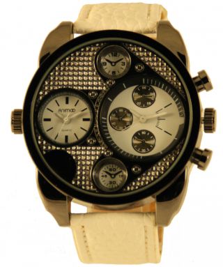 White Animoo Double Time Watch 2 Zeitzonen Herrenuhr Mit Lederarmband Armbanduhr Bild