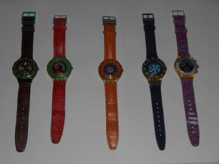 5 Swatch Uhren,  4 X Scuba,  1 X Chrono,  1992 - 1996,  Funktionstüchtig Bild