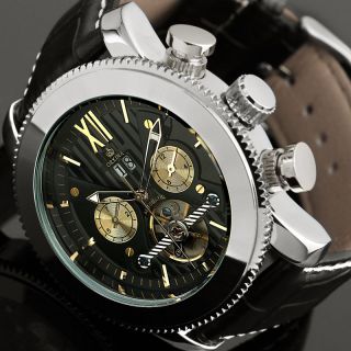 Herren Luxus Schwarze Leder Armband Uhr Datumsanzeige Automatik Mechanisch Bild