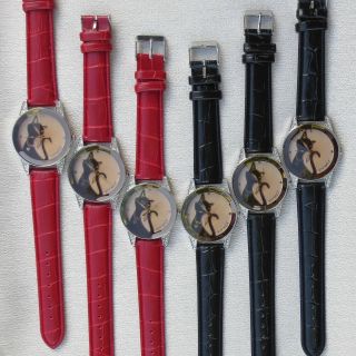 Damen Armbanduhr Uhr Mit Katze Schwarz Weiß Rot Strass Lederarmband Pu Edel Bild