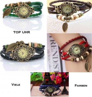 Echt Leder Damen Armband Uhr Stylisch Modern Trendy Rot Grün Schwarz Braun Blau Bild