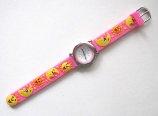 Kinderuhr Armbanduhr Quartz Lachende Sonnen Und Monde Rosa Kinderarmbanduhr Bild