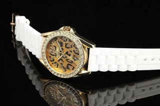 Adrina Damen Uhr Silikon Armbanduhr Strass Weiß Gold Leopard Bild