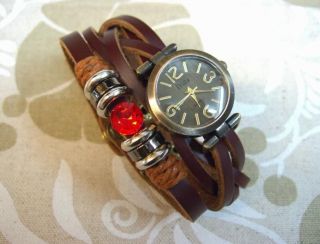 Modische Damenuhr Armbanduhr Quarz Uhr Lederarmband Geflochten Schmuck/stein Rot Bild