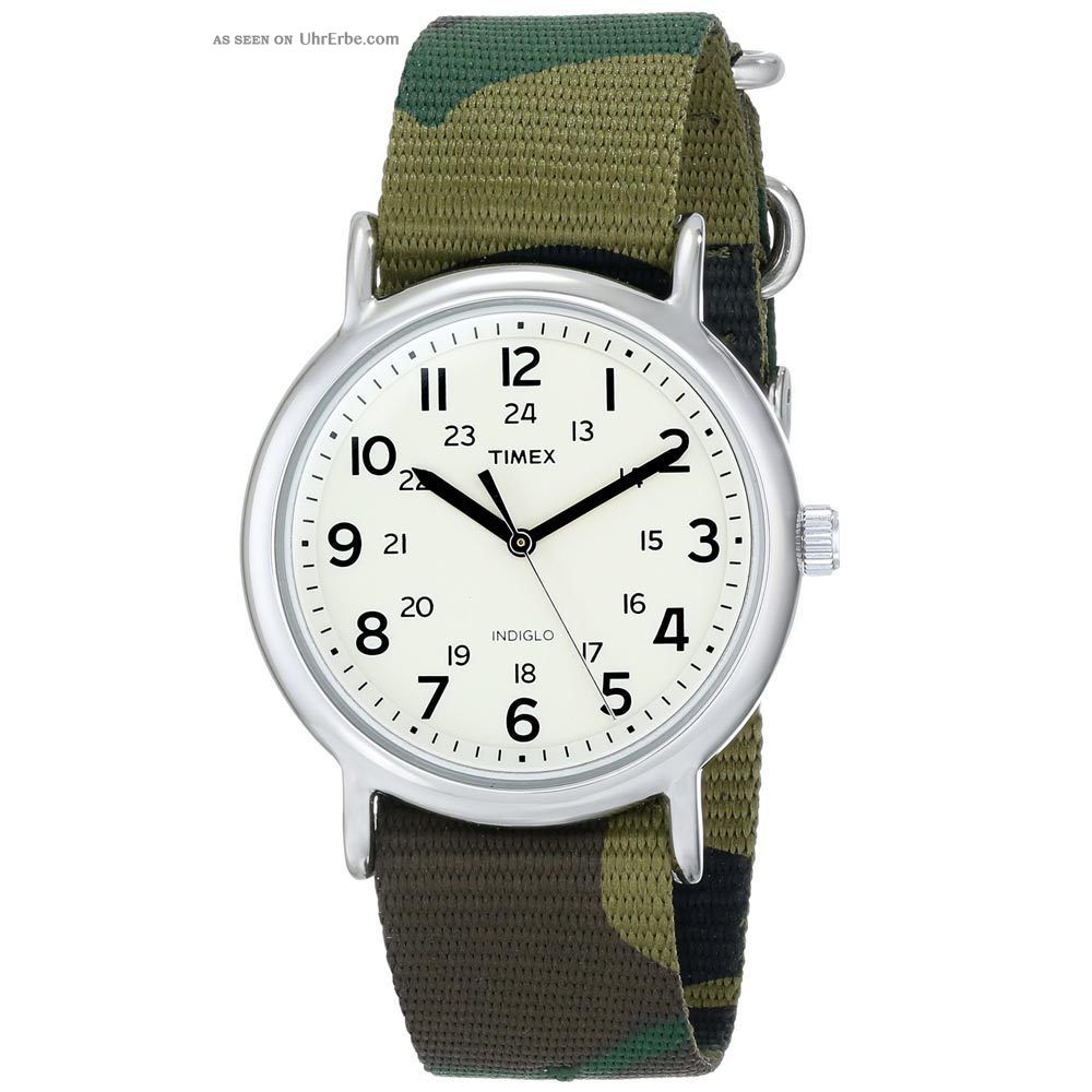 Timex T2p365 Unisex Weekend Indiglo Beige Zifferblatt Grün Tarnfarbe Armbanduhr Armbanduhren Bild
