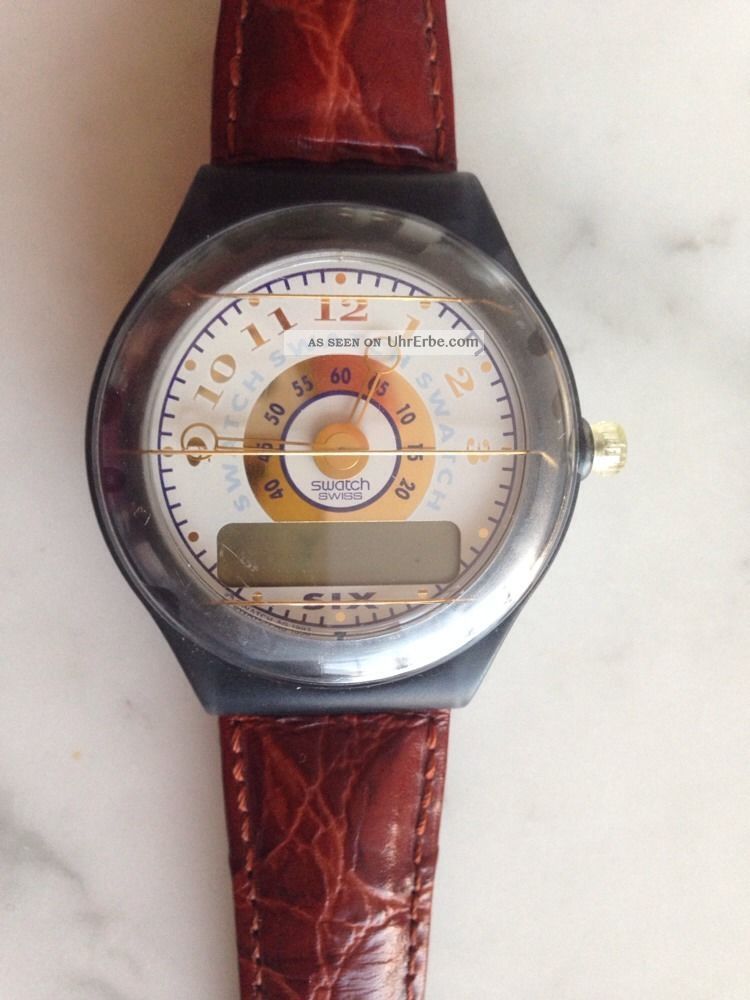Swatch The Beep Uhr Braunes Lederarmband Numeric Armbanduhren Bild