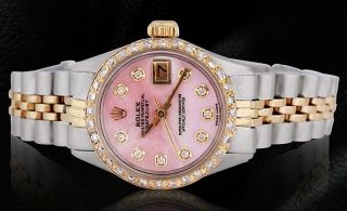 Damen Rosa Mopp Diamantzifferblatt Uhr Rolex Datejust Jubiläumsarmband Mit Zwei Bild