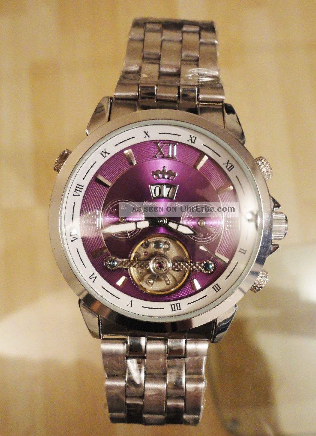 ☆ Lindberg & Sons Piraeus Automatik Uhr Skelett Violett Glasboden LÄuft ☆ Armbanduhren Bild