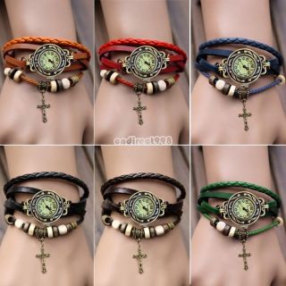 Damen Armbanduhr Quarz Kreuz Anhänger Weave Leder Armband Wrap Around 7 Farbe C8 Bild
