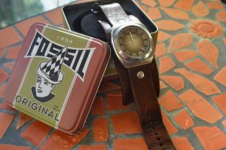 Vintage Fossil Armbanduhr,  Breites Lederarmband Braun,  Ovp Bild
