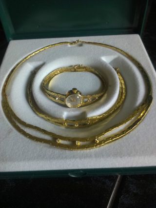 Schmuckset 3 - Teilig Armbanduhr Halskette Armband Gold Panzerglieder Steine Bild