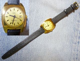 Zarja Zaria Armbanduhr Damen Damenuhr Uhr Flach Vergoldet Datum Bild