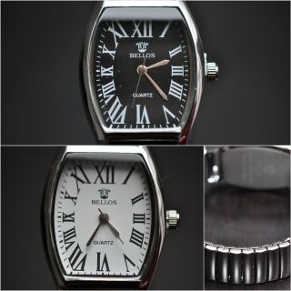 Klassische Damenuhr Uhr Römische Zahlen Elastisches Band Schwarz Weiss Silber Bild