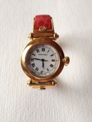 Philippe Charriol Uhr Damen - Spangenuhr Vergoldet Ledereinlage Rot Und Schwarz Bild