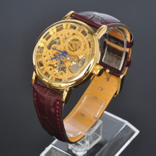 Soki Golden Skelett Mechanische Handaufzug Analog Herren Braun Leder Armband Uhr Bild