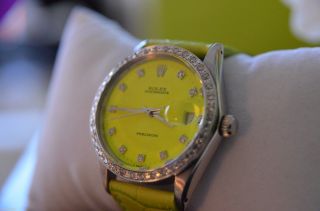 Rolex Oysterdate Precision Diamanten Uhr Watch Oyster Neon Gelb Grün Datejust Bild