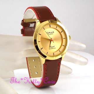 Omax Wasserdichte Unisex Armbanduhr Vergoldet Braunes Leder Seiko Uhrwerk Sc7755 Bild