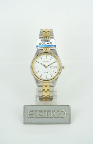 Seiko Herren Uhr Quarz Solar (sne032p1) Armbanduhr Bicolor Hardlexglas Datum Bild