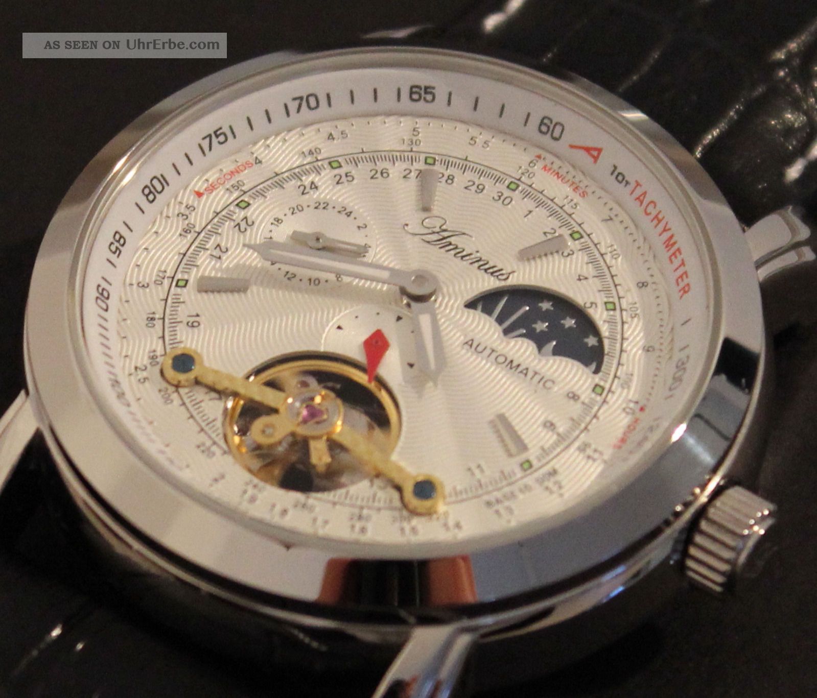 Aminus Automatik Uhr Herren Weiss Glasboden Leder Orginal Armbanduhren Bild