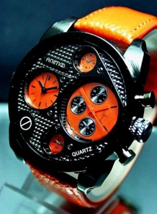 Animoo Xxl Dual Time Uhr In Orange Lederband Herrenuhr Mit 2 Quarz Uhrwerken Bild