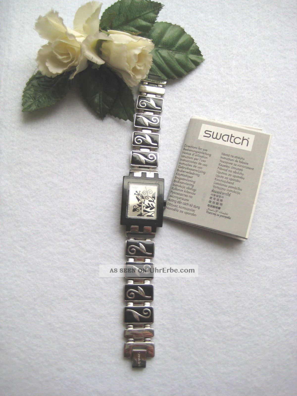 Swatch Traumhafte Damen Uhr.  RaritÄt.  Edelstahlsilber /schwarz Mit Blumenranken Armbanduhren Bild