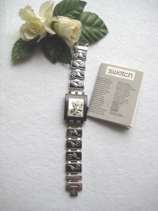 Swatch Traumhafte Damen Uhr.  RaritÄt.  Edelstahlsilber /schwarz Mit Blumenranken Bild