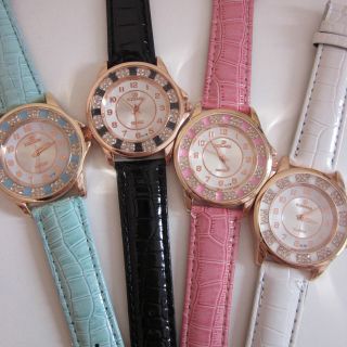 Damen Armbanduhr Analog Quarz Uhr Lederarmband In 4 Farben Rosagold Bild