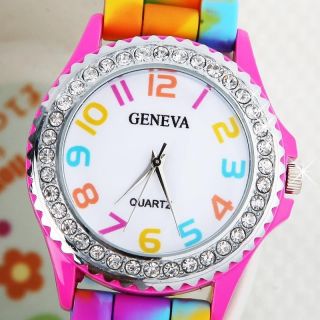 Bunte Party - Kristall Strass Uhr Silikon - Gummiband - Uhren Geschenk 1x Nue Bild