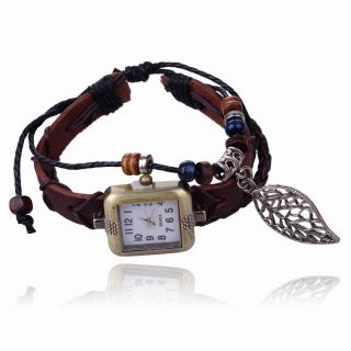 Copper Leder Bands Strap Beads Leaves Kleid Mode Charme Dial Armbanduhr Uhren Bild