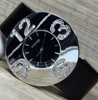 Xl Damen Armbanduhr In Schwarz Silber Mit Strasssteine Weiss Mode Trend Uhr 138 Bild