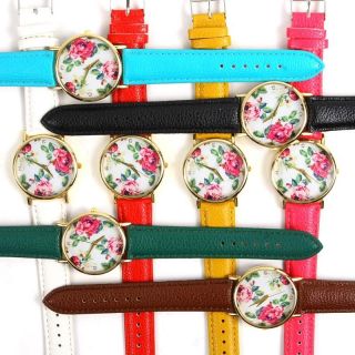 Blume Dial Kunstleder Damen Herren Analog Quarz Armbanduhren Gesche Rose Bild