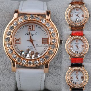 Neue Frauen Graceful Lady Schön Luxusgoldkristall Strass Leder Armbanduhr Hot Bild