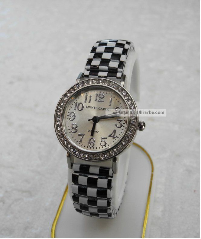 Rockabilly Style Flexi Damen Uhr Checkerboard Karo Schwarz/weiss Black/white Top Armbanduhren Bild