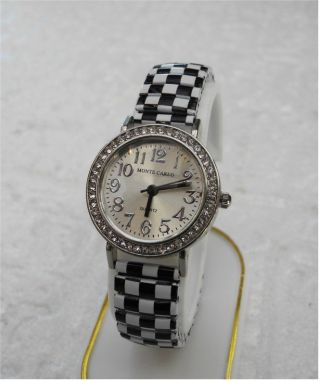 Rockabilly Style Flexi Damen Uhr Checkerboard Karo Schwarz/weiss Black/white Top Bild