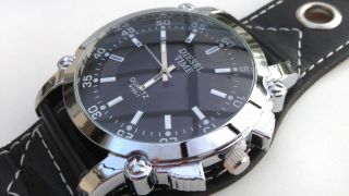 Mega Xxl Herrenuhr Lederarmband Schwarz Sehr Auffälliges Design Armbanduhr Bild