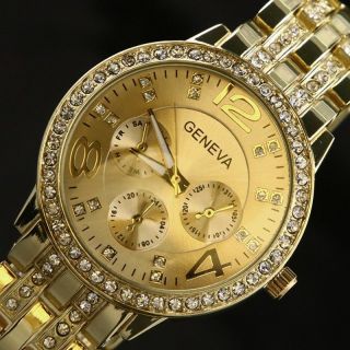 Armbanduhr Uhr Edelstahl Damen Herren Watch Wristwatch Strass Crystal Gold Bild