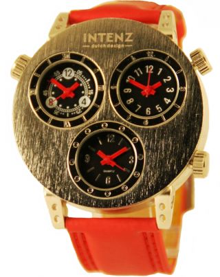 Intenz Three Timer Armbanduhr Leder Rot Herrenuhr Mit Drei Uhrwerken Bild