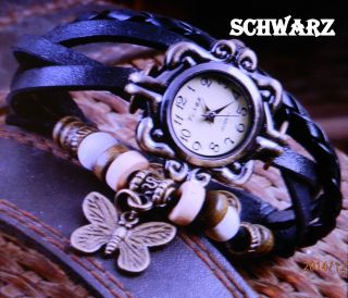 Armbanduhr Rund Modisch Damen Vintage Retro Quartz Analog Schmetterling Anhänger Bild