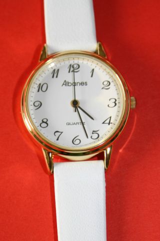 Armbanduhr,  Echtes Lederband,  Weiß,  Vergoldet. Bild