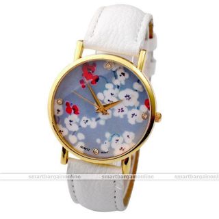 Weiß Kunstleder Damen Blumen Armbanduhr Quarzuhr Quaz Armband Uhr Mit Strass Bild
