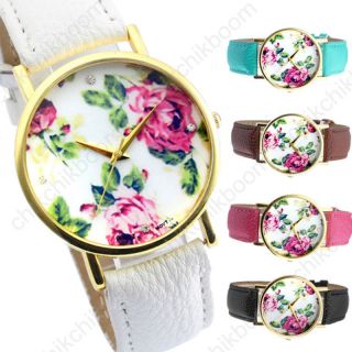 Retro Vintage Rosen Blume Damen Armbanduhr Lederarmband Basel - Stil Quarzuhr Bild
