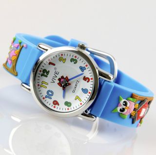 Kinder Mädchen Vive Lernuhr Armband Uhr Silikon Watch Analog Blumen Eule 23 Bild