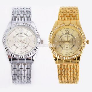 Fashion Lady Frauen Luxusgold Bling Quartz Klassische Kristall Datum Armbanduhr Bild