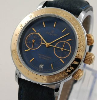 Poljot Chronograph Herren Armbanduhr Blaues Ziffernblatt Handaufzug Russia Watch Bild