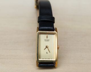 Citizen Vergoldete Damen - Armbanduhr Mit Schw.  Lederband,  Ultraklein Bild