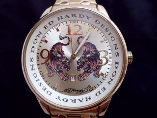 Ed Hardy Herrenuhr Damenuhr Armbanduhr 24 Ct.  Vergoldet Quarz Analog Datum Bild